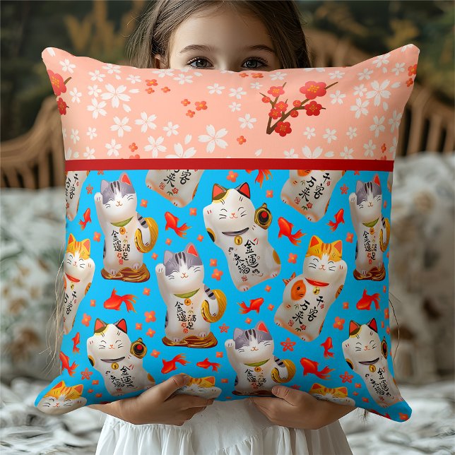 Kawaii Maneki Neko | Blå Kimono Stil Blommig Kudde (Skapare uppladdad)