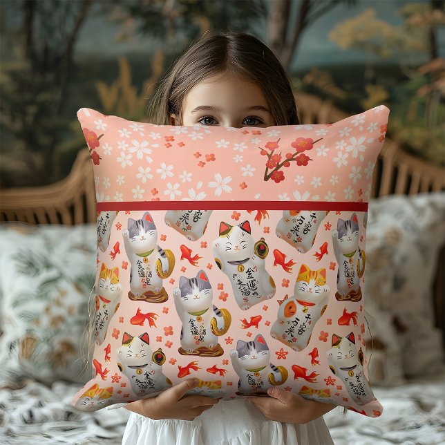 Kawaii Maneki Neko Lucky Cat | Körsbärsblom Sakura Kudde (Skapare uppladdad)