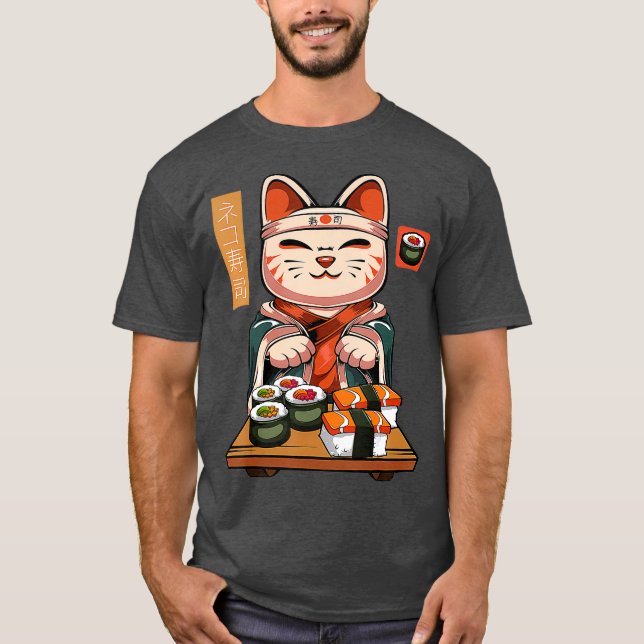 Kawaii Maneki Neko Sushi Pub Cute Sashimi Maki T Shirt (Framsida)