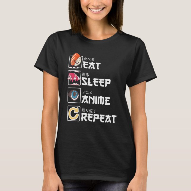 Kawaii Manga Sushi - Eat Sleep Anime Repeat - Cute T Shirt (Framsida)