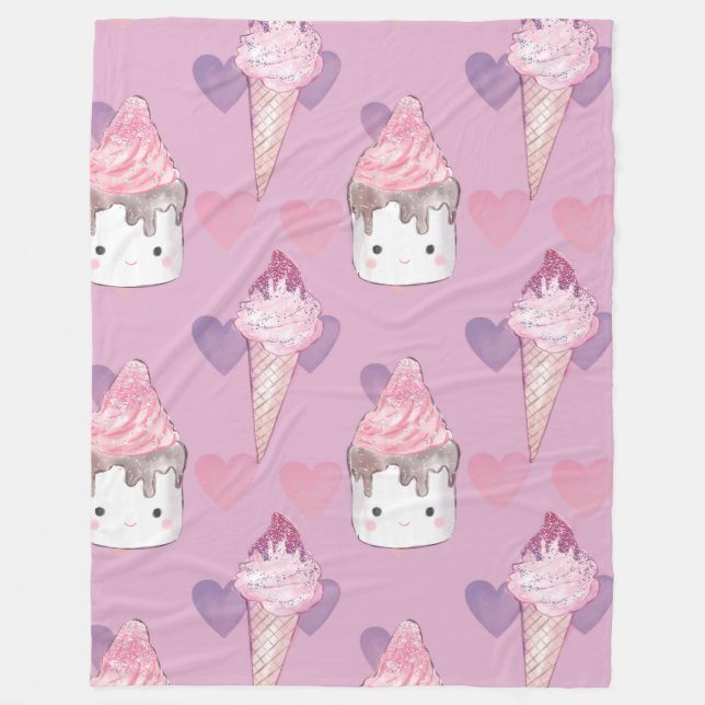 Kawaii Marshmallow & Ice Cream Mönster Fleecefilt (Framsidan)