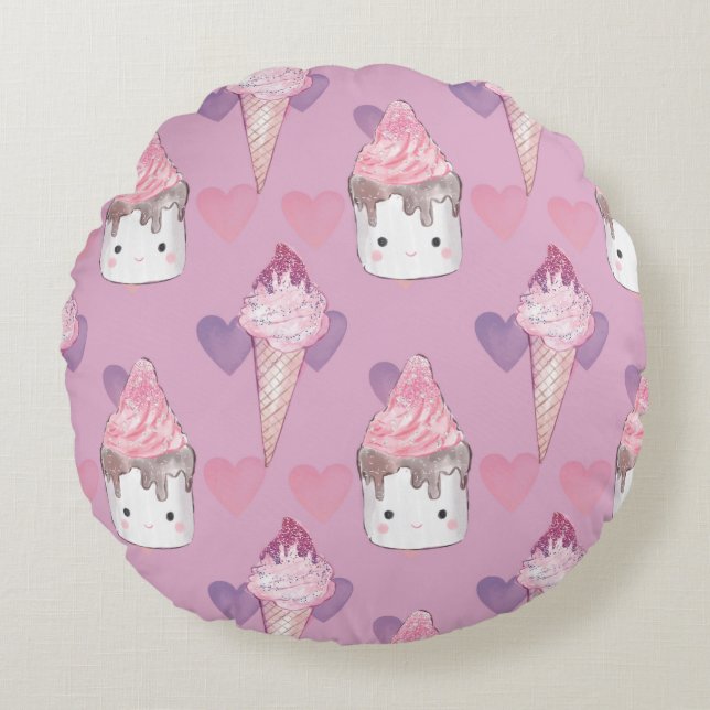 Kawaii Marshmallow & Ice Cream Mönster Rund Kudde (Framsidan)