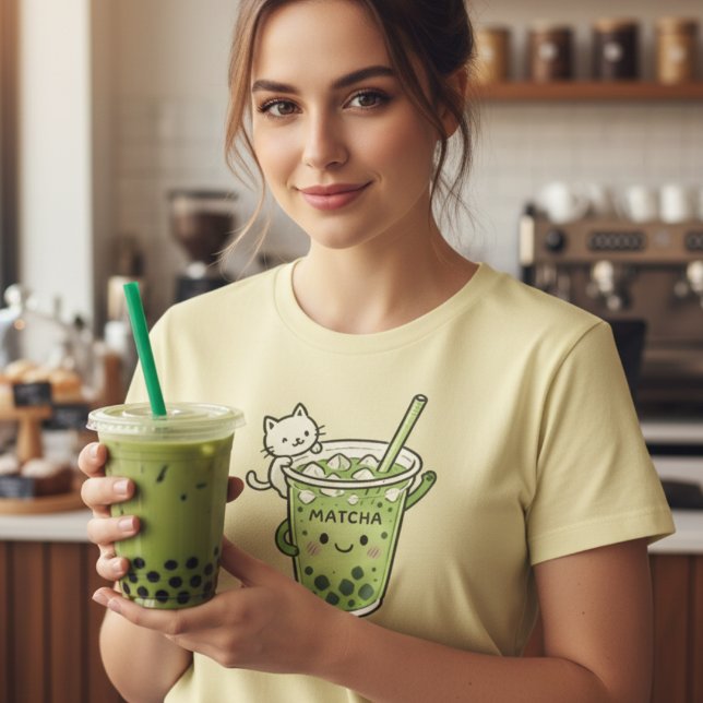 Kawaii Matcha Bubble Tea Cat Cute Iced Drink Graph T Shirt (Skapare uppladdad)