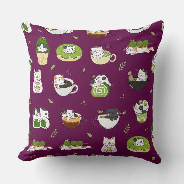 Kawaii Matcha Katt Sömlöst Mönster Kudde (Framsida)