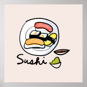 Kawaii matkonst av tecknad sushi poster