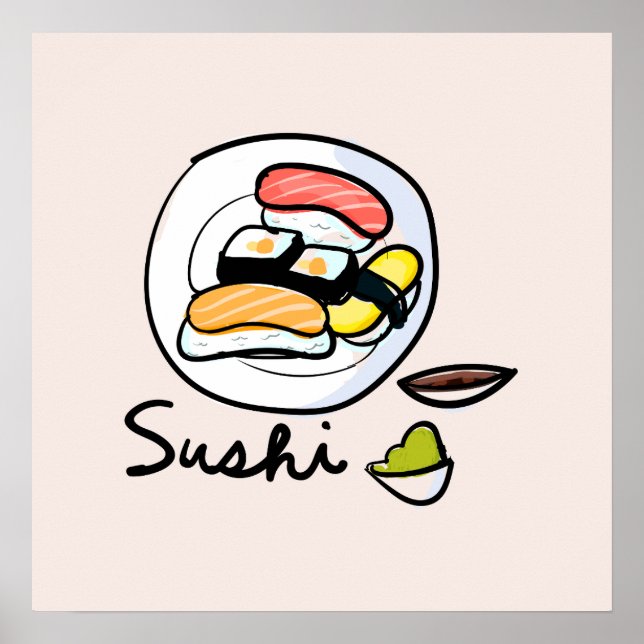 Kawaii matkonst av tecknad sushi poster (Framsidan)