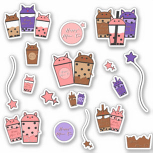 Kawaii Meow Tea Vinyl Klistermärke Set om 17 Kli Klistermärken