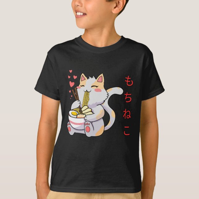 Kawaii Mochi Neko Cat Eating Sushi T-Shirt (Framsida)