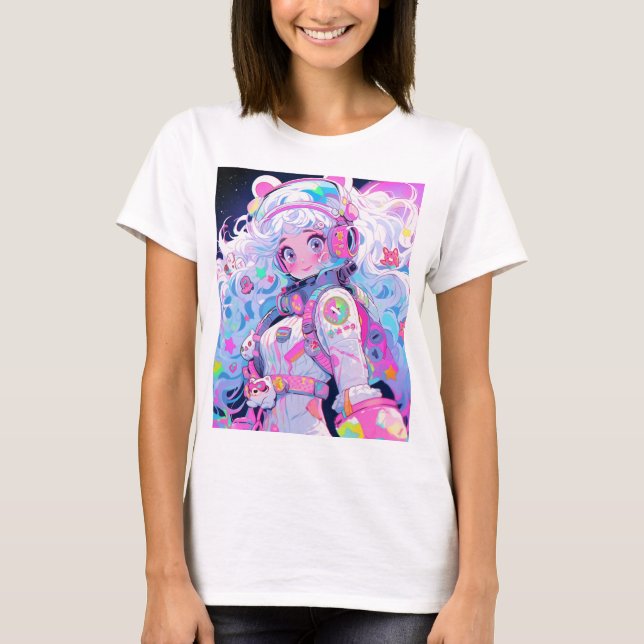Kawaii Moe Pastel Space Astronaut Anime Girl T Shirt (Framsida)