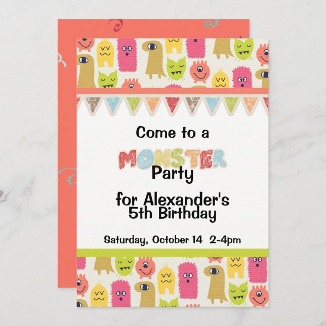 Kawaii Monster Födelsedagsfest inbjudan (Fram/baksida)