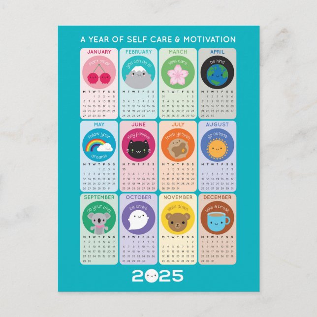 Kawaii Motivation & Self Care 2025-kalender Vykort (Framsida)