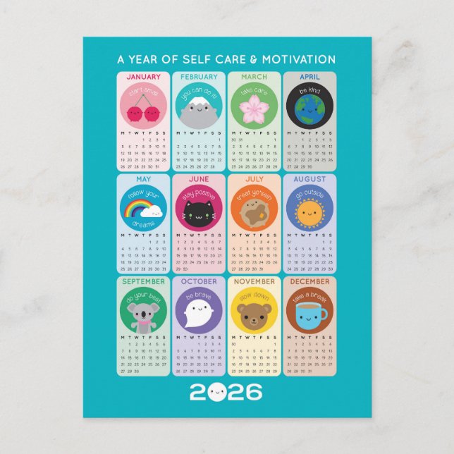 Kawaii Motivation & Self Care 2026-kalender Vykort (Framsida)
