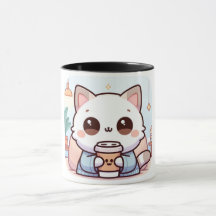 Kawaii Muggchatta med Kaffe – Söt Illustrerad Katt