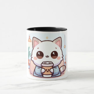 Kawaii Muggchatta med Kaffe – Söt Illustrerad Katt Mugg
