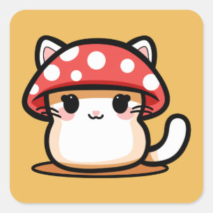 Kawaii Mushroom Cat Fyrkantigt Klistermärke