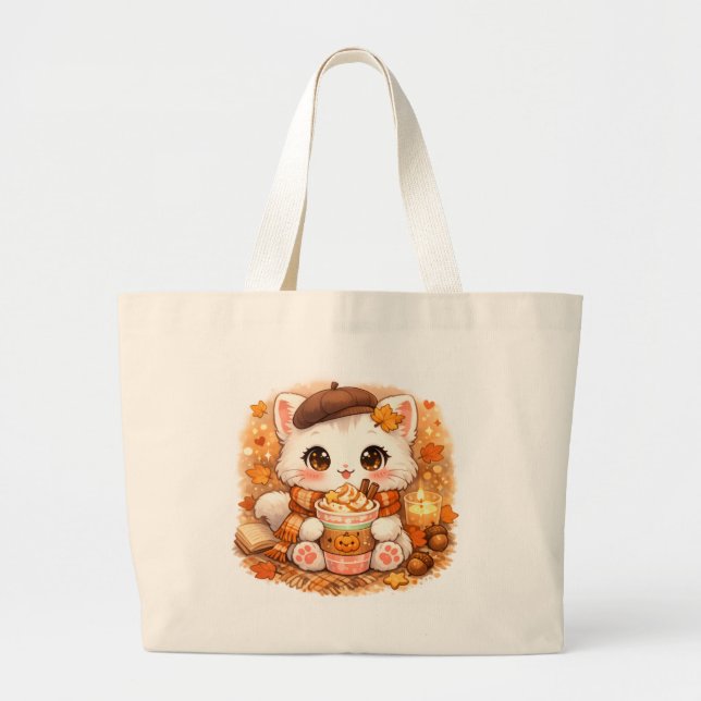 Kawaii Mysig Höst Latte Katt – Söt Höstkat  Jumbo Tygkasse (Framsidan)