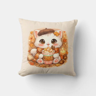 Kawaii Mysig Höst Latte Katt – Söt Höstkat Kudde