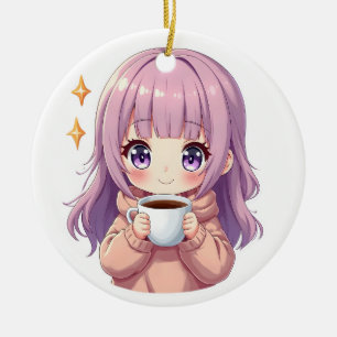 Kawaii Mysig Kaffe Flicka – Pastell Estetisk Klist Julgransprydnad Keramik