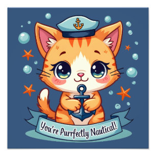 Kawaii Nautical Cat Sailing Anchor Pun Fototryck