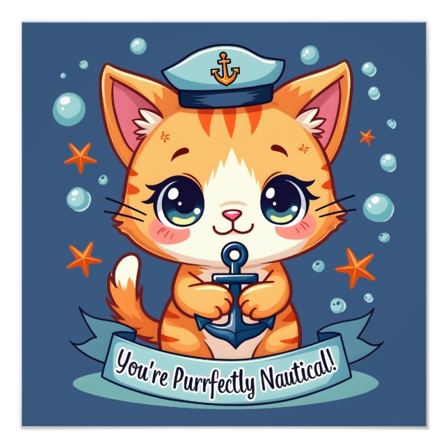Kawaii Nautical Cat Sailing Anchor Pun Fototryck (Framsidan)
