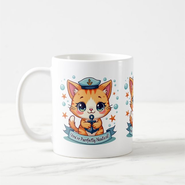 Kawaii Nautical Cat Sailing Anchor Pun Kaffemugg (Vänster)