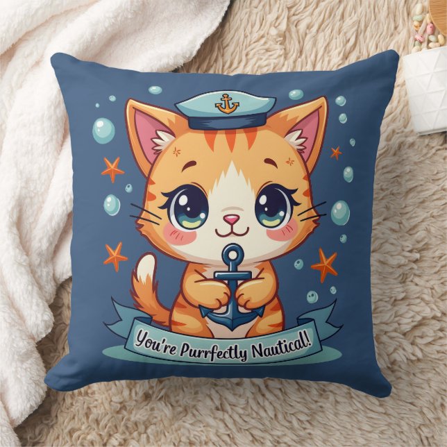 Kawaii Nautical Cat Sailing Anchor Pun Kudde (Filt)