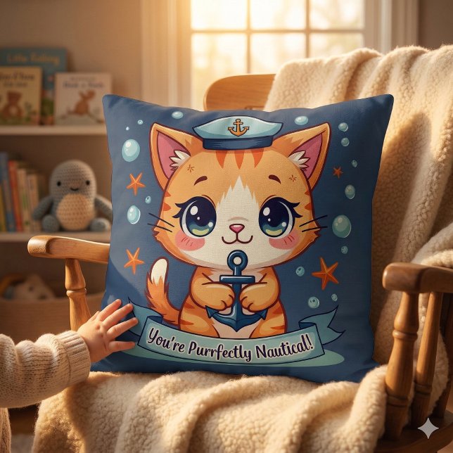 Kawaii Nautical Cat Sailing Anchor Pun Kudde (Kawaii Nautical Cat Sailing Anchor Pun Throw Pillow Mockup D)