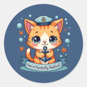 Kawaii Nautical Cat Sailing Anchor Pun Runt Klistermärke