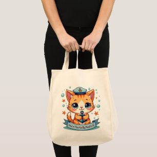 Kawaii Nautical Cat Sailing Anchor Pun Tygkasse