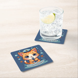 Kawaii Nautical Cat Sailing Anchor Pun Underlägg Papper Kvadrat