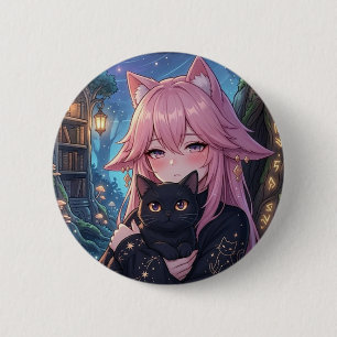 Kawaii Neko Anime Flicka med Svart Katt - Eclipse Knapp
