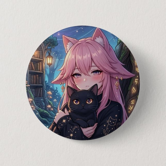 Kawaii Neko Anime Flicka med Svart Katt - Eclipse  Knapp (Framsida)
