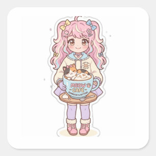 Kawaii Neko Cafe Anime Flicka Chibi Klistermärke