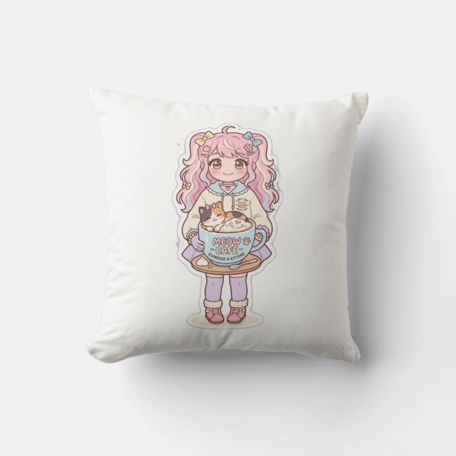  Kawaii Neko Cafe Anime Flicka Chibi Kuddinkastkud Kudde (Framsida)