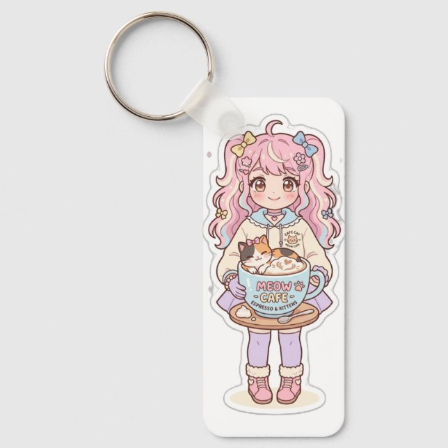 Kawaii Neko Cafe Chibi Anime Flicknyckel Nyckelring (Framsida)