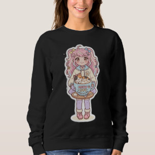 Kawaii Neko Cafe Chibi Anime Tjej Svart Tröja