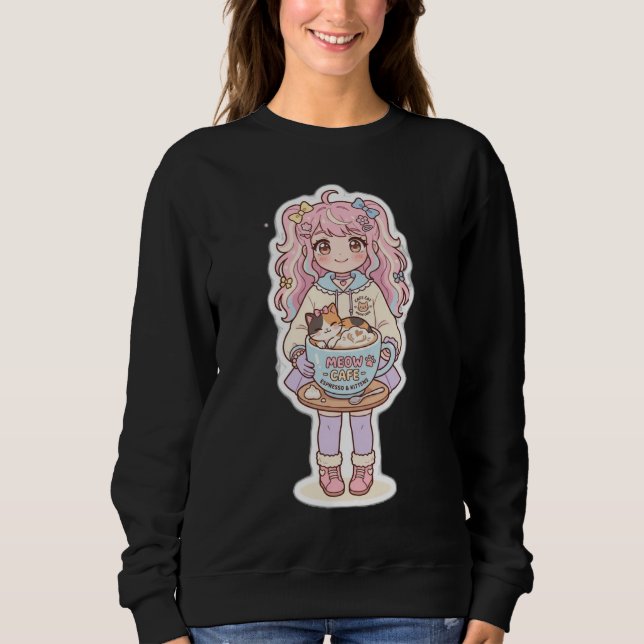 Kawaii Neko Cafe Chibi Anime Tjej Svart Tröja (Framsida)