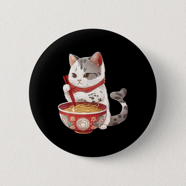 Kawaii NeKo Cat Eating Ramen Noodles Japansk Food Knapp (Framsida)