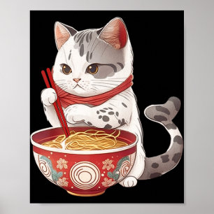 Kawaii NeKo Cat Eating Ramen Noodles Japansk Food Poster