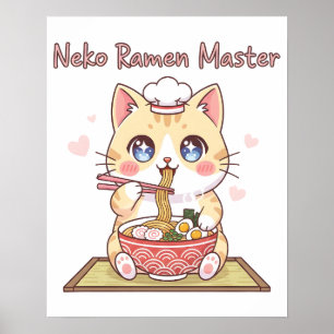 Kawaii Neko Ramen Mästare Söt Katt Mat kock Poster