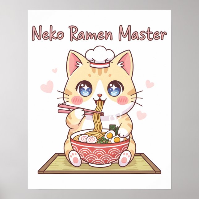 Kawaii Neko Ramen Mästare Söt Katt Mat kock Poster (Framsidan)
