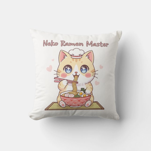 Kawaii Neko Ramen Mästare Söt Katt Matkock Kudde (Framsida)