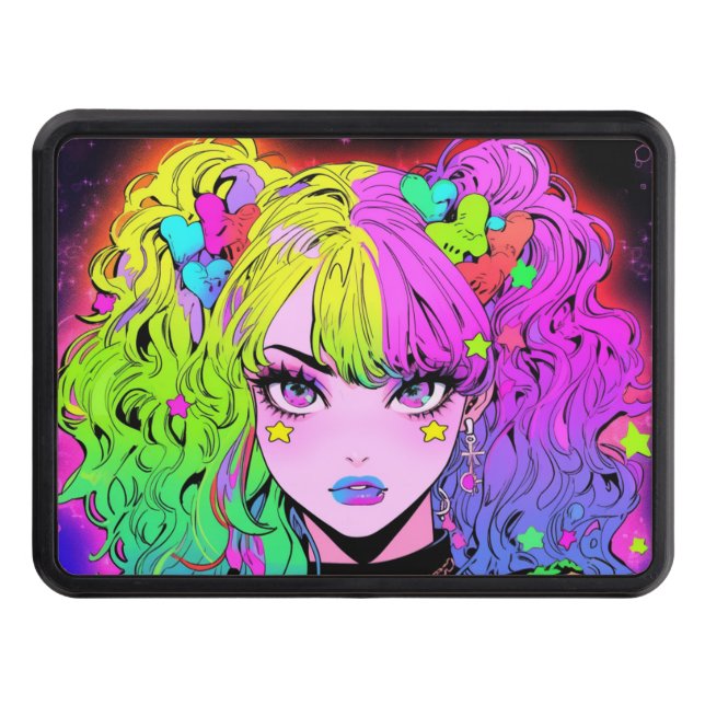 Kawaii Neon Rainbow Pigtails Bangs Anime Girl Dragkroksskydd (Framsidan)