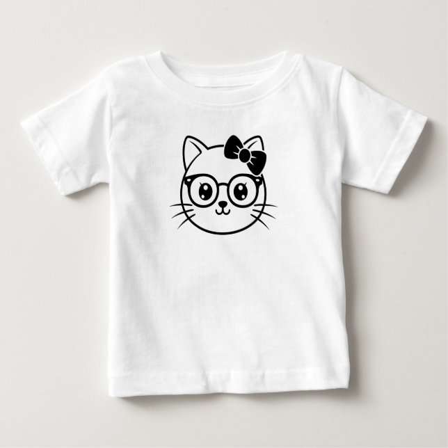 Kawaii Nerdy Cat Face with Glasses and Bow Line Ar T Shirt (Framsida)