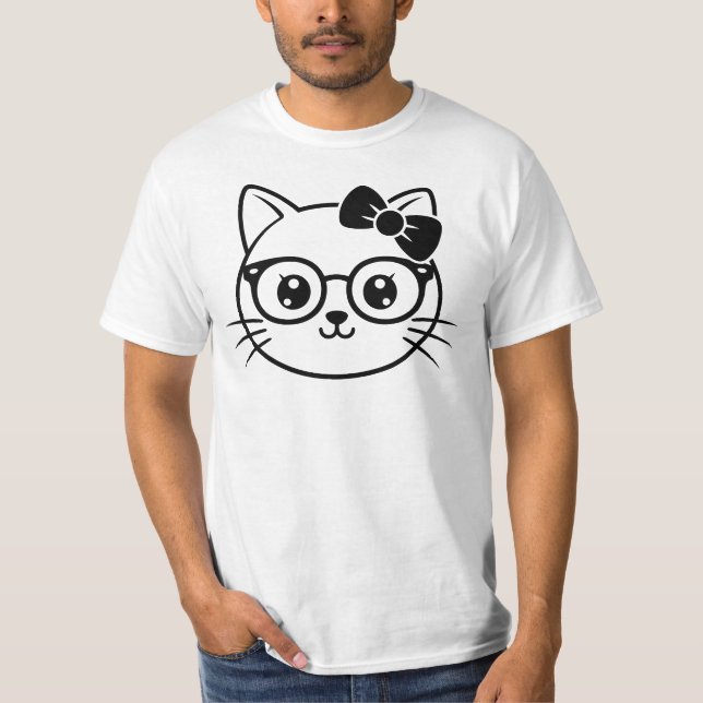 Kawaii Nerdy Cat Face with Glasses and Bow Line Ar T Shirt (Framsida)