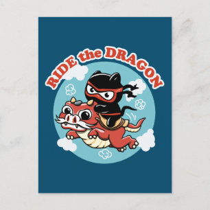 Kawaii Ninja Cat Ride Dragon Vykort
