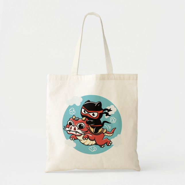 Kawaii Ninja Cat Riding a Red Dragon Button Tygkasse (Framsidan)