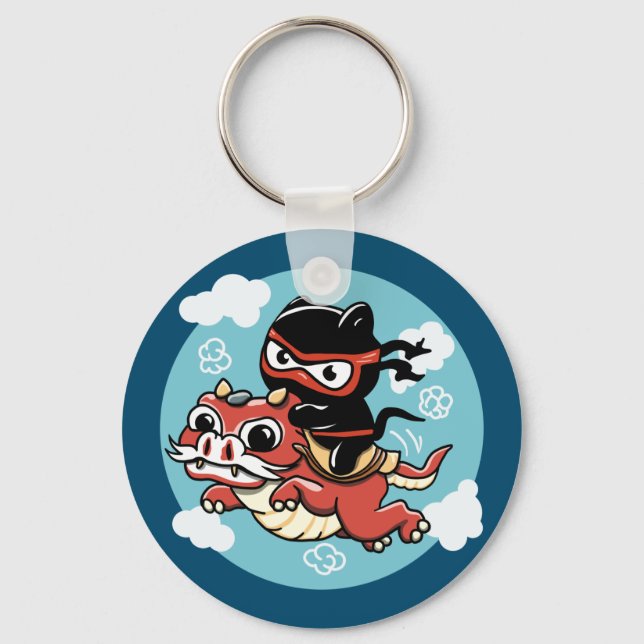 Kawaii Ninja Cat Riding a Red Dragon Nyckelring (Framsida)