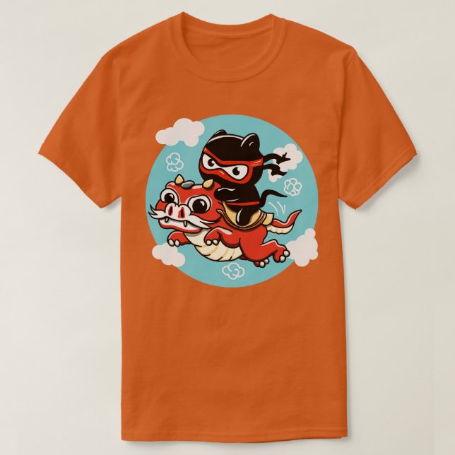 Kawaii Ninja Cat Riding a Red Dragon T Shirt (Design framsida)