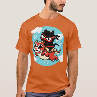 Kawaii Ninja Cat Riding a Red Dragon T Shirt